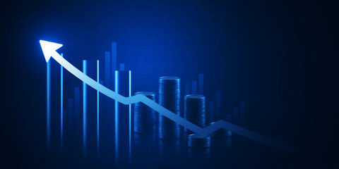 Fototapeta premium Glowing arrow pointing upward over bars and stacks of coins in a dark blue background