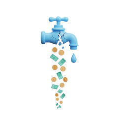 Conceptual Illustration Of Broken Water Tap Leaking Money On Transparent Background
