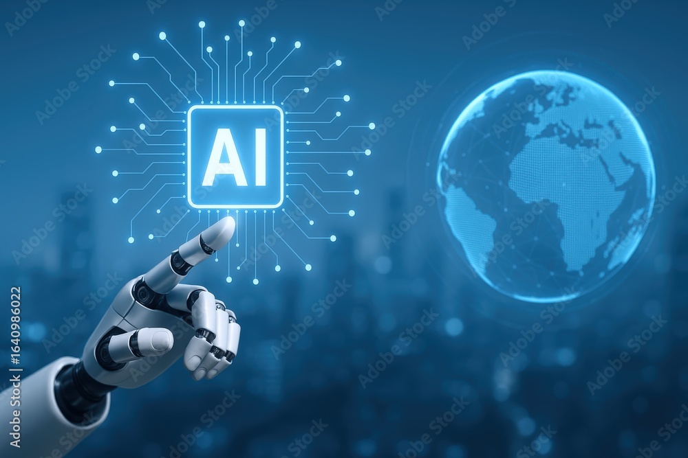 Poster artificial intelligence integration: robotic hand interacting with ai chip and global network visual