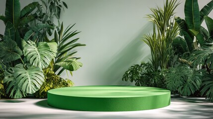 Obraz premium Elegant Green Podium Display Surrounded by Lush Tropical Foliage for Product Showcase and Botanical Presentation