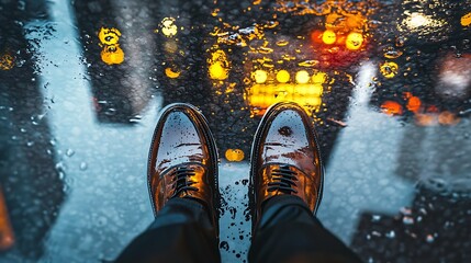 Rainy day city reflections on shoes