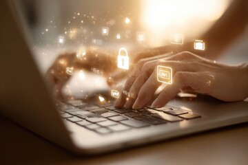 Hands typing on laptop, security icons overlay