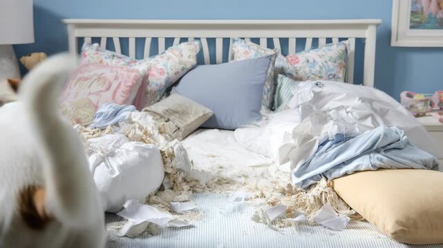 Mischievous dog surrounded by shredded paper on a messy bed, eyes conveying playful innocence after causing chaos. Playful pet in disarray.