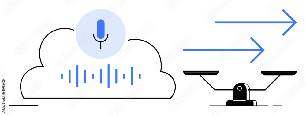Poster microphone and soundwaves within cloud representing voice recognition, arrows and scale symbolizing 