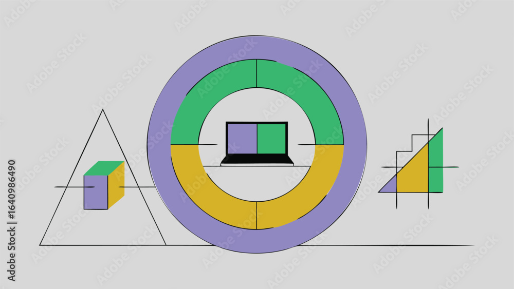 Poster geometric composition with laptop inside segmented circle and shapes on a light gray background