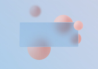 Glassmorphism style rectangular banner with soft pink 3D spheres on light blue gradient background for modern UI, branding and creative design.