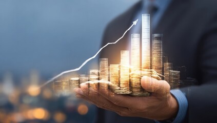 Businessperson holds glowing bar graph of coins, symbolizing growth
