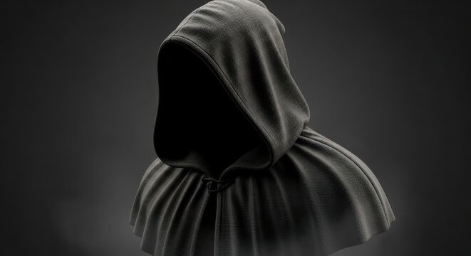 Mysterious hooded figure in dark shadowy cloak