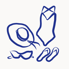 Ink Summer Beach Rest Element Icon. Hand Drawn Swimsuit, Hat with Ribbon, Sunglasses and Flip-flops Footwear. Summer Rest and Vacation Resort Travel Theme Decorative Contour Line Symbol.