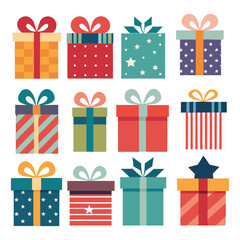  A vibrant collection of twelve gift boxes, each uniquely decorated with colorful patterns, ribbons, and bows, perfect for adding a festive touch to any design.