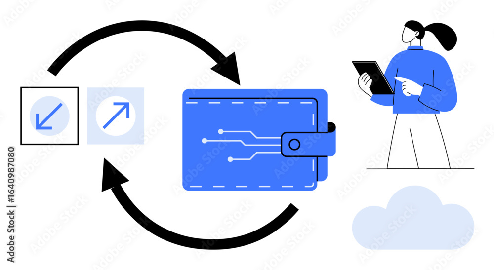Poster digital wallet with circuits and arrows in a loop alongside a woman holding a tablet. ideal for tech