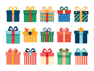  A vibrant assortment of fifteen gift boxes, each uniquely decorated with colorful ribbons and bows, perfect for adding a festive touch to any celebratory occasion.
