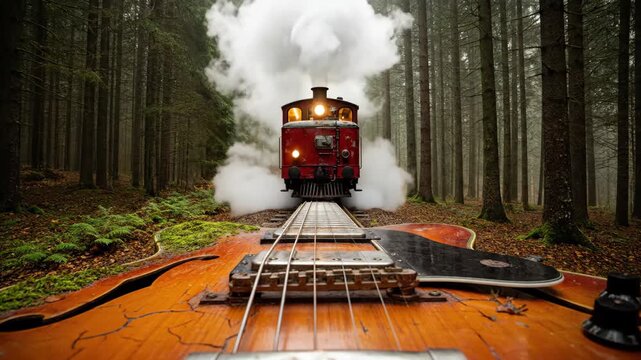 A vintage steam train travels along a railroad track made from the strings of an electric guitar in a surreal and magical forest scene combining music and travel