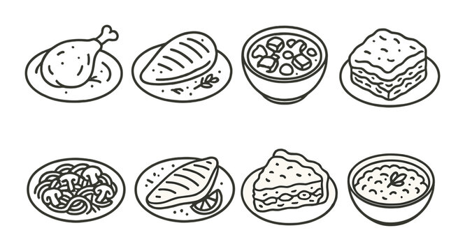 Diverse collection of hand-drawn iconic dishes featuring global cuisine