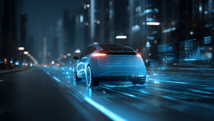 Fototapeta premium Futuristic Electric Car Driving Through Neon Cyberpunk City Streets at Night