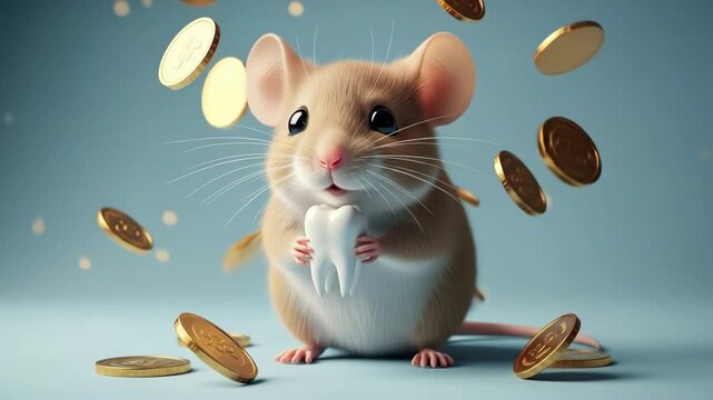 A cute mouse acting as the tooth fairy holds a child's lost baby tooth while gold coins rain down in a magical and whimsical scene