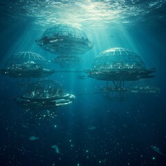 Underwater City of Glass Domes and Bioluminescent Creatures