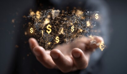 Holographic world map with dollar signs in a hand (1)