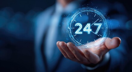 A hand holds a holographic 24/7 clock