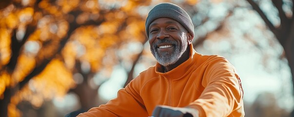 Happy mature senior Black African American man riding his bicycle through a park on a sunny day, highlighting the benefits of staying active and healthy in older age, Generative AI