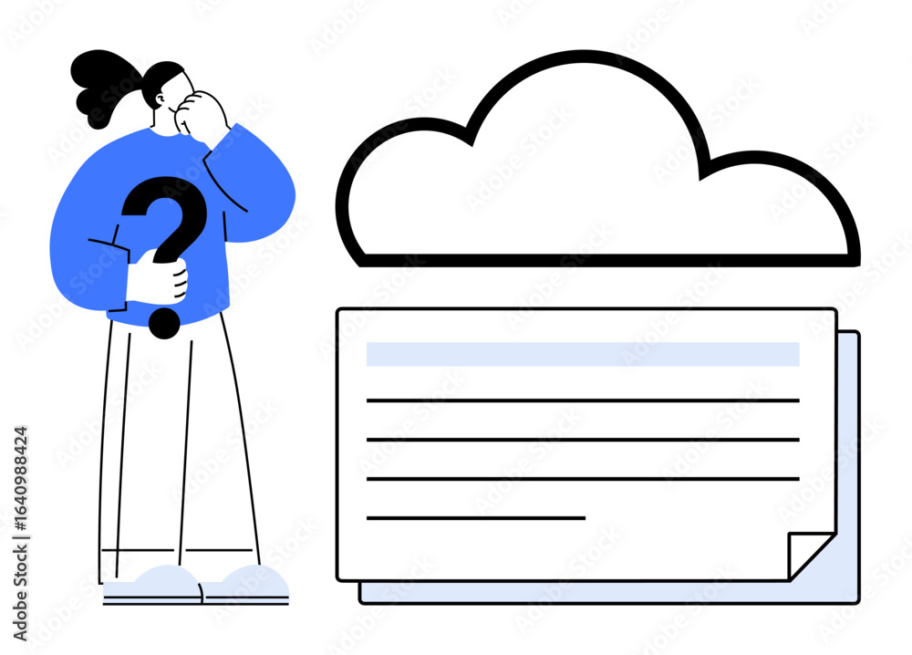 Poster person holding question mark next to a cloud above stacked documents. ideal for technology, data, cl