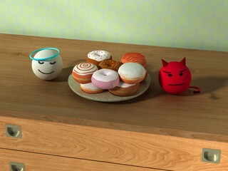 Knitted angel and devil emoji discuss doughnuts in 3d rendering