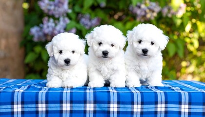 Three fluffy white puppies on a blue tablecloth