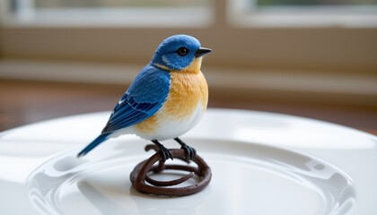 bluebird figurine on white plate, spring, no people, no text, no logo