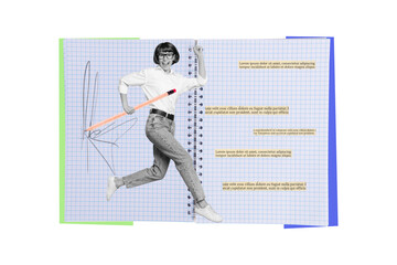 Banner picture collage of happy smiling running girl writing text in copybook isolated on drawing...