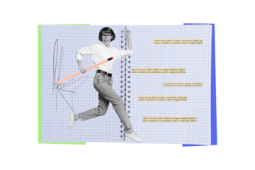 Banner picture collage of happy smiling running girl writing text in copybook isolated on drawing background