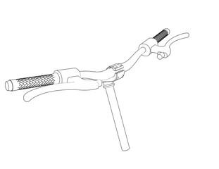 Wireframe Depiction of bicycle handlebars, a Technical Drawing illustrating bicycle parts with Simple Line Art. An Outline Illustration in Monochrome style, showing grips, brakes, and stem detail.