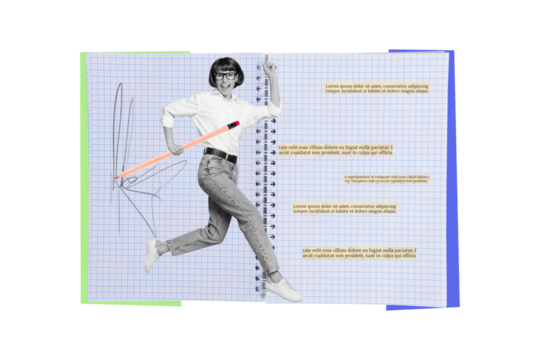 Banner picture collage of happy smiling running girl writing text in copybook isolated on drawing background