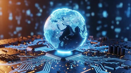 A glowing holographic globe of the earth hovers over a cpu on a circuit board symbolizing global technology the internet and international business networks - Powered by Adobe