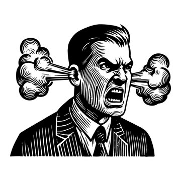 Angry Man Shouting with Steam from Ears Black and White Outline Line Art Drawing in Vintage Engraving Style