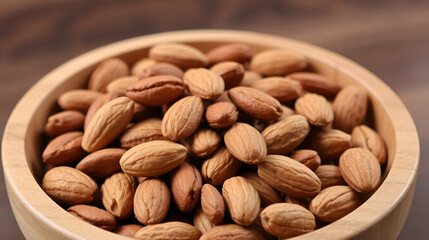 A wooden bowl is filled to the brim with delicious, healthy almonds, perfect as a snack.