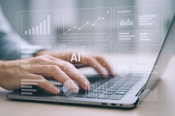 Close-up of Hands Typing on Laptop with AI and Analytics Overlays, Illustrating Modern Business and Technology