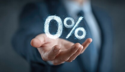 Businessman's hand holds a digital 0% symbol