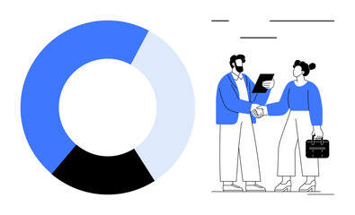 Pie chart in blue, black, and white alongside two professionals shaking hands, sharing data on a tablet. Ideal for collaboration, teamwork, business, analysis, partnerships communication simple