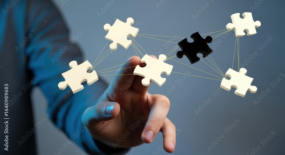 Poster puzzle pieces connection: a conceptual illustration of networking, strategy, and problem solving in 