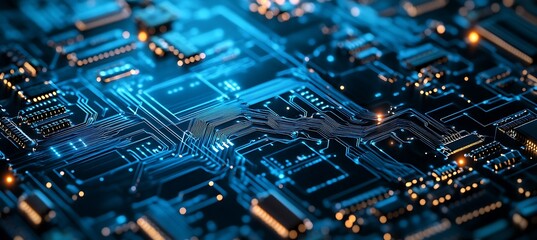 A multi-layered digital circuit board symbolizing cyber defenses 