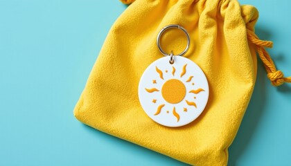 sunshine keychain on yellow pouch, spring, no people, no text, no logo