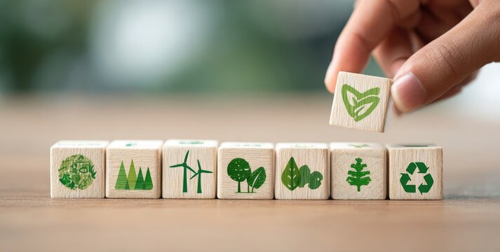 Hand placing a wooden block with a green eco symbol on a row of similar blocks depicting environmental icons