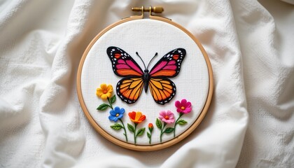 butterfly embroidery hoop on linen, spring, no people, no text, no logo