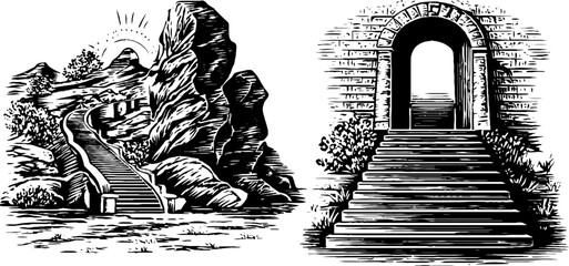 Fototapeta premium Vintage engraved illustration set of amphitheatre wall and stone stairway design for posters and cards