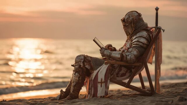 Knight in shining armor, resting on beach chair, absorbed in a book against sunset. A humorous clash of medieval and modern relaxation.