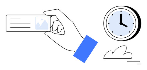 Hand holding an ID card next to a classic round clock and cloud. Ideal for time management, scheduling, identity, organization, appointments, productivity, and simple landing page
