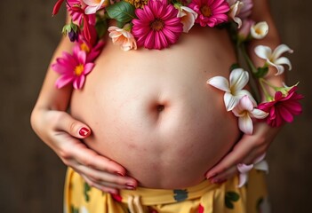 A pregnant body, adorned with flowers, celebrates natural fertility and body positivity,  body positivity,   expectant