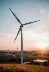 Obraz premium A majestic wind turbine stands tall against a stunning sunset, a powerful symbol of renewable energy, sustainability, and a clean, green future for our planet. 