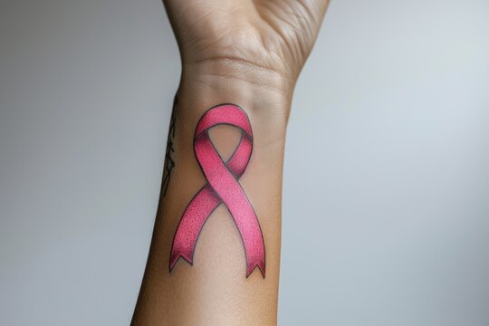 Symbolic pink ribbon tattoo on human wrist for breast cancer awareness and support representing hope strength and fight against disease