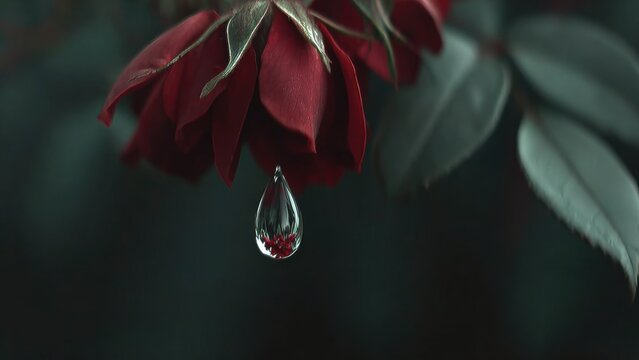Close-up View of Red Rose Petal with a Single Water Droplet Hanging on Its Tip